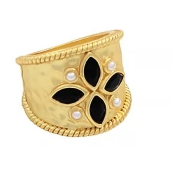 Matte Gold Wide Band Onyx Marquis Statment Ring Sz. 8 - Picture 1 of 2